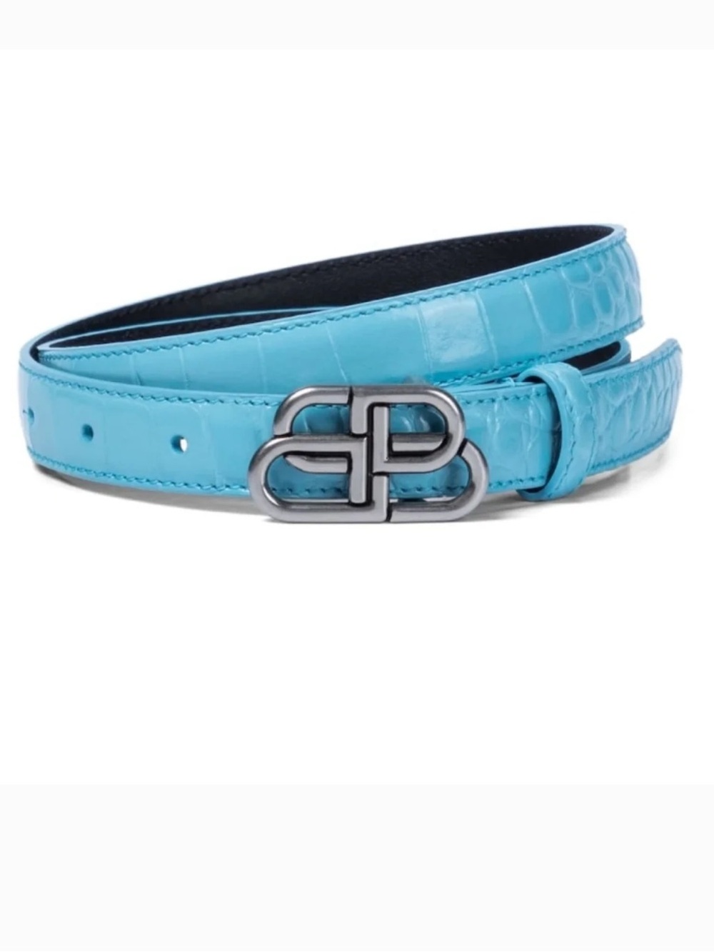 Balenciaga Women’s BB Thin Belt Crocodile Embossed Leather Blue Size 75 NWT